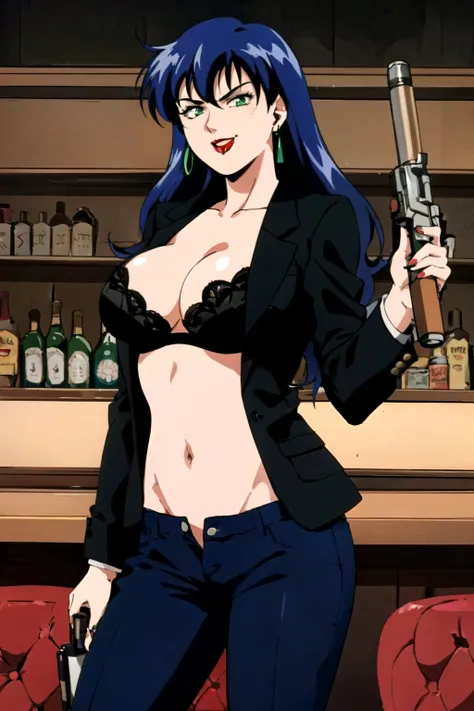 1girl,,retro artstyle,1990s (style),shan,blue hair,green eyes,lipstick,long hair,earrings,makeup, evil grin,, long hair, earrings, red lips, large breasts, ear piercing, long hair, blush, lipstick,Hot girl, baddie, smoking, sensual, attractive , bar backgr...