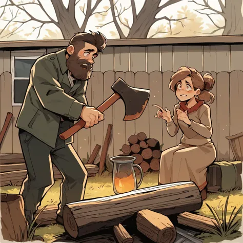 He chops the firewood as rhe wife stares at him and argues and tries to explain.