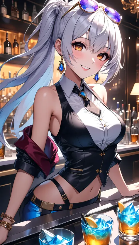 Generated in SFW,  1 girl, Alone, \ characters "Atlas"\,  Best Bartenders ,  Offer Rock Glasses, Golden, Clear liquid, Highly transparent ice, A weekend that smiles at you, Luxury bar counter seating, Exquisite Atmosphere , warm-toned,  Tempting Bars ,  An aphrodisiac aura that makes viewers want to cheer , 