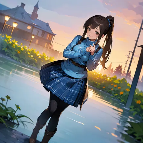 (high quality,  High Resolution , Very detailed, reality:1.37), Peaceful atmosphere, (Outdoor, garden), Teenage girl standing alone, (My breasts are large.), Beautiful details,  cute smile , ( dark hair ponytail ), blue plaid ribbed sweater,Brown skirt, Bl...