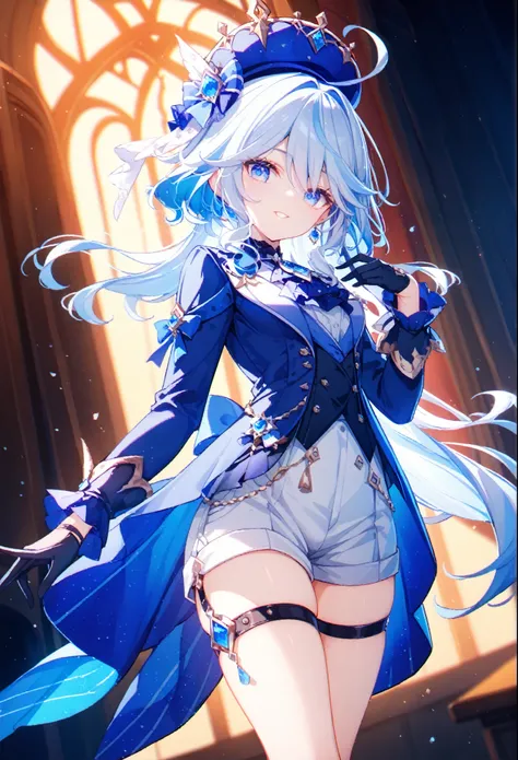 ,furina, gloves, long sleeves, shorts, black gloves,ascot, thigh strap, blue jacket, brooch, gem, blue headwear, white shorts, vibrant colors, girl, masterpiece, sharp focus, best quality, depth of field, cinematic lighting, Her hair appears weightless. He...