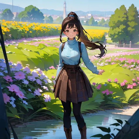 (high quality,  High Resolution , Very detailed, reality:1.37), Peaceful atmosphere, (Outdoor, garden), Teenage girl standing alone, (My breasts are large.), Beautiful details,  cute smile , ( dark hair ponytail ), blue plaid ribbed sweater,Brown skirt, Bl...