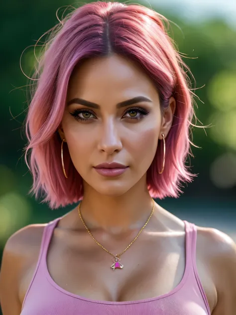 a beautiful woman with gigantic breasts, pink hair, wearing a tank top, looking directly at the viewer, blurred background, depth of field, hat, medium breasts, clothes writing, beautiful detailed lips, jewelry, short hair, sweat, earrings, beautiful detai...