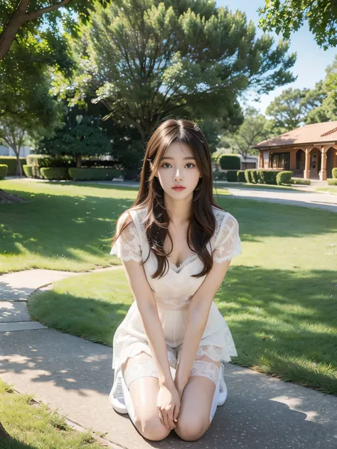 masterpiece,  best quality on the tree, Very detailed face,1 beautiful young girl, alone，White thin lace stockings，Kneeling on the ground， perfect body proportions，Medium length hair， slim body ，Ancient women&#39;s shoes，Simple solid color background，Off-s...