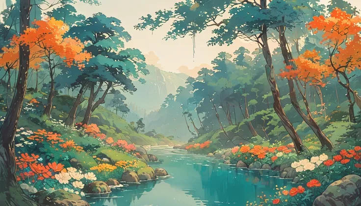 minimalist , forest , natural , studio ghibli inspired, landscape ,river , Clear sky ,flora