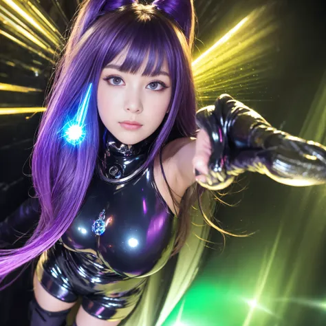 masterpiece,  best quality,  1 girl, with long flowing iridescent hair in shades of purple, green, Green,  wears a shiny black bodysuit to further enhance the mysterious and enchanting atmosphere of the , Place one hand on your hip、In the other hand, a lig...