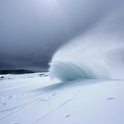 Fierce blizzard in Antarctic tundra, low visibility, swirling snow, harsh environment, white-out conditions