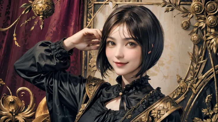 307 (20-year-old woman, Wearing dark clothing), ( Super Real), (High quality images), (( short hair:1.46)), (A kind smile), (Big Breasts:1.2), (Da Vinci ), (Floral), (darkroom)