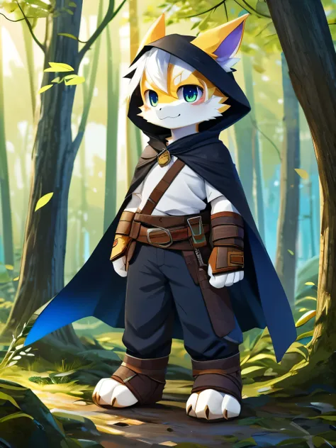 nj5furry，kemono，full-length portrait，anthro，hi res，male，White hair，dragon，Orange skin，adventurer，Dragon Horn，Black hood， fluffy hair ，White Armor，Short sleeve，trousers， bandage leggings ，Metal Gauntlets， black cape，A tail，dragon， white plush paws，Golden pu...