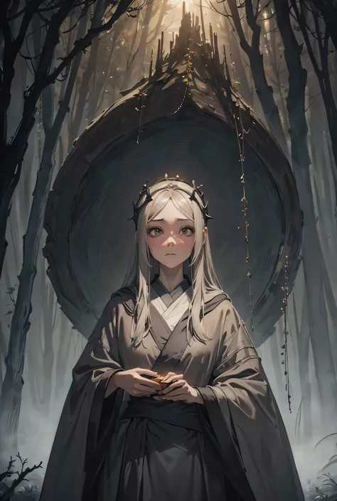 Beautiful girl in a gray robe standing in a dark forest, Spectacular style, Octane Rendering, Desert Composition, Beautiful Face, Surreal, Oil on canvas, Award-winning, masterpiece, Trending on ArtStation, Studio Ghibli