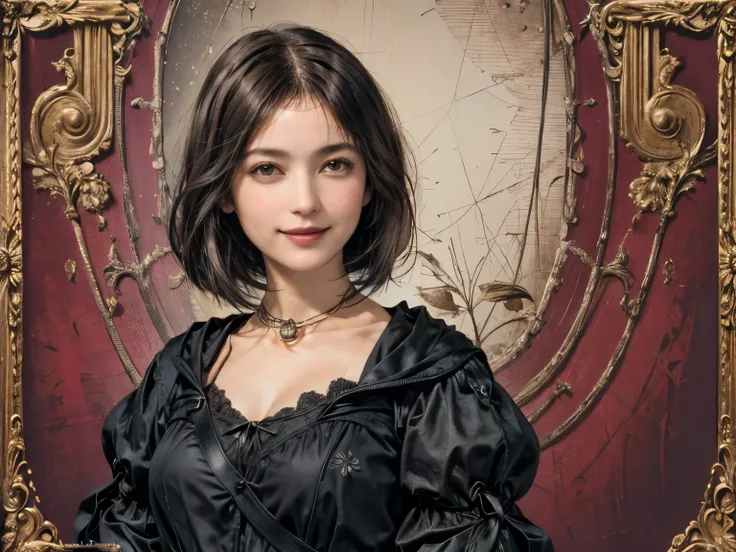 307 (20-year-old woman, Wearing dark clothing), ( Super Real), (High quality images), (( short hair:1.46)), (A kind smile), (Big Breasts:1.2), (Da Vinci ), (Floral), (darkroom)