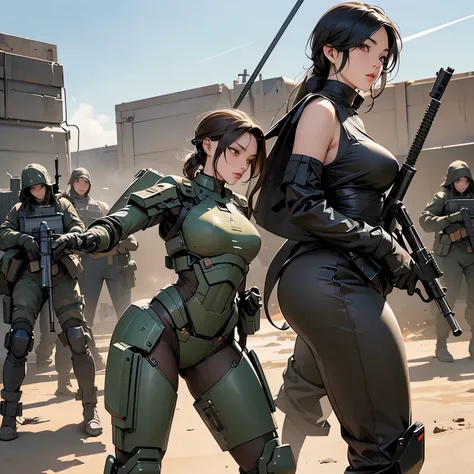 nsfw, very wide shot, anime screencap, 16k, perfect anatomy proportion body, action,  Dynamic composition with a sense of speed and dynamism, olive colored robotic heavy armored steam engine full armor powered suit , ( large group of sexy female snipers ha...