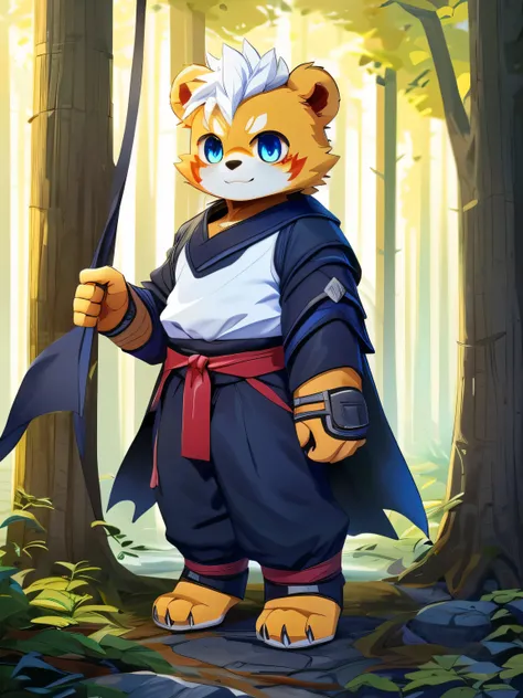 nj5furry，kemono，full-length portrait，anthro，hi res，male，White hair，Bear，Orange Skin，adventurer，Strong body， fluffy hair ，White Hanfu，trousers， bandage leggings ，Metal Gauntlets， black cape，A tail， white plush paws，Golden pupils， with delicate eyes ， detail...