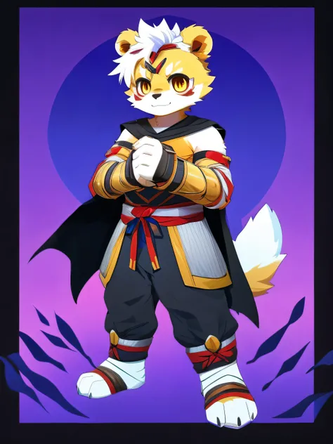 nj5furry，kemono，full-length portrait，anthro，hi res，male，White hair，Bear，Orange Skin，warrior，Strong body， fluffy hair ，White Hanfu，trousers， bandage leggings ，Metal Gauntlets， black cape，A tail， white plush paws，Golden pupils， with delicate eyes ， detailed ...