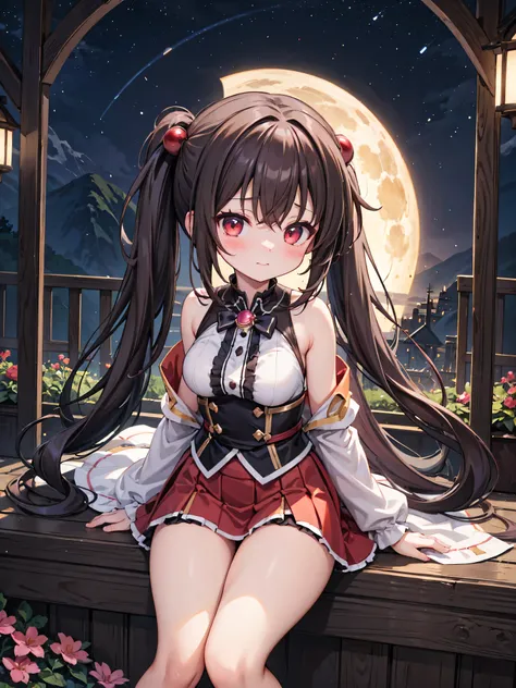 Highly detailed, high quality, masterpiece, beautiful, (all photo shooting), girl student, yunyun from konosuba, perfect eyes, red eyes, clear eyes, blushing face, happy face, big thighs, medium breast, long hair, shoulder-length pigtails, dark brown hair,...