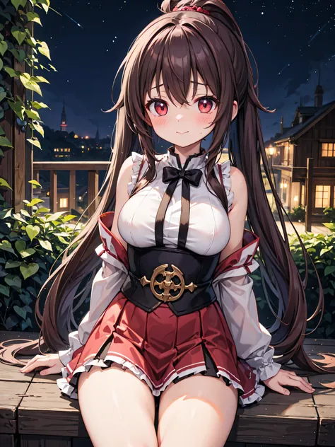 Highly detailed, high quality, masterpiece, beautiful, (all photo shooting), girl student, yunyun from konosuba, perfect eyes, red eyes, clear eyes, blushing face, happy face, big thighs, medium breast, long hair, shoulder-length pigtails, dark brown hair,...