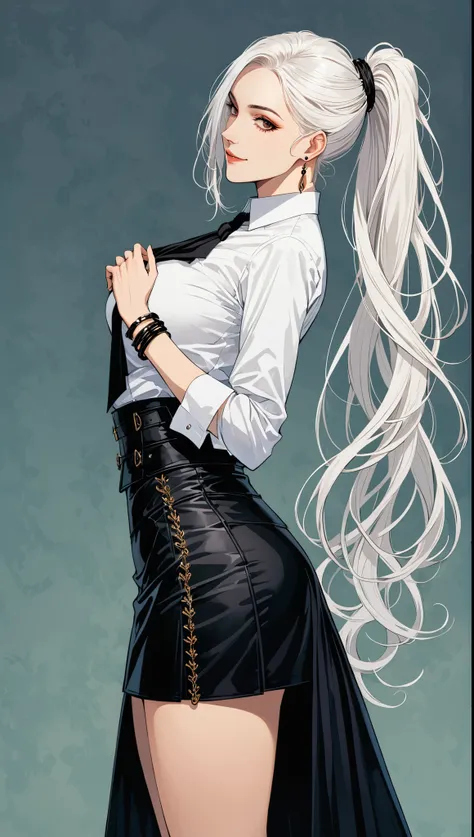 in style of Bradley K. in style McDevitt,in style of Santiago Caruso, character concept design,1girl,
Gothic style,romantic style，mature women, solo, black leather knee-length hip skirt uniform, white shirt, From the side, Rotate your upper body, looking a...