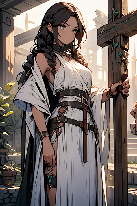 woman. emerald eyes. dark long hair. long braids. Walnut leather . Loose ancient Greek clothing.