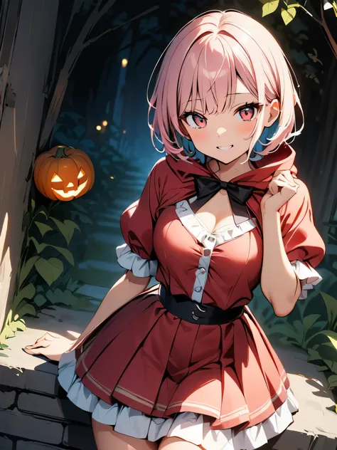 (high quality, 8k, 4K,     high contrast    , masterpiece:1.2, 最high quality, Best aesthetics),woman,Little Red Riding Hood costume for Halloween night,   high contrast ,  Contrasting colors  ,  Jack-O-Lantern  , Pink short bob,Red attractive eyes ,The bes...