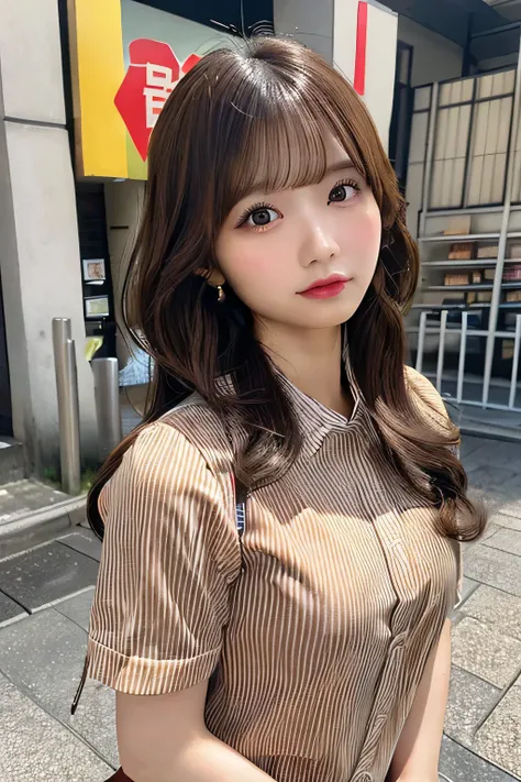 Masterpiece,best quality,high quality,detailed,ultra detailed.4K/8k,Full-HD,high resolution１gitl, medium long hair、Brown Hair、Japanese idol in her 20s 、Plump Cheeks、(convenience store:1.3),convenience store employee uniform, (vertical-striped shirt:1.3),sh...