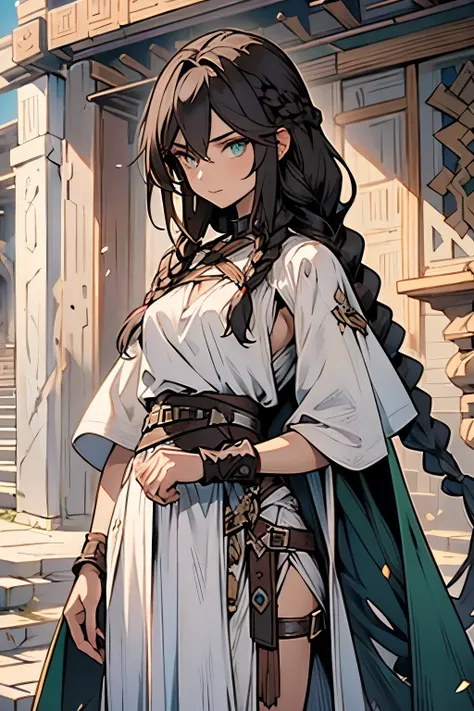 woman. emerald eyes.  Dark long hair. long braids. Walnut leather . Loose ancient Greek clothing.