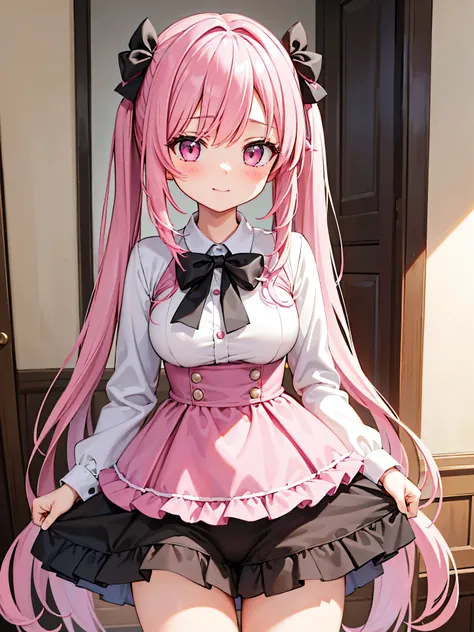 Highly detailed, high quality, masterpiece, beautiful, (all photo shooting), girl student, mine, akame ga kill, perfect eyes, pink eyes, clear eyes, blushing face, happy face, big thighs, medium breast, long hair, two long pigtails, pink hair, pink bow, pi...