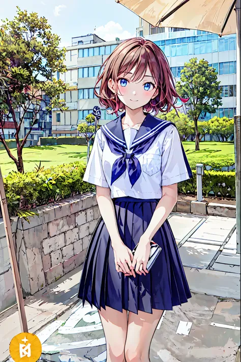 1 girl, 中程度の長さのbrown hair,    and enchanting gray-blue eyes that shine like stars ,     school uniform , white top,   black skir...