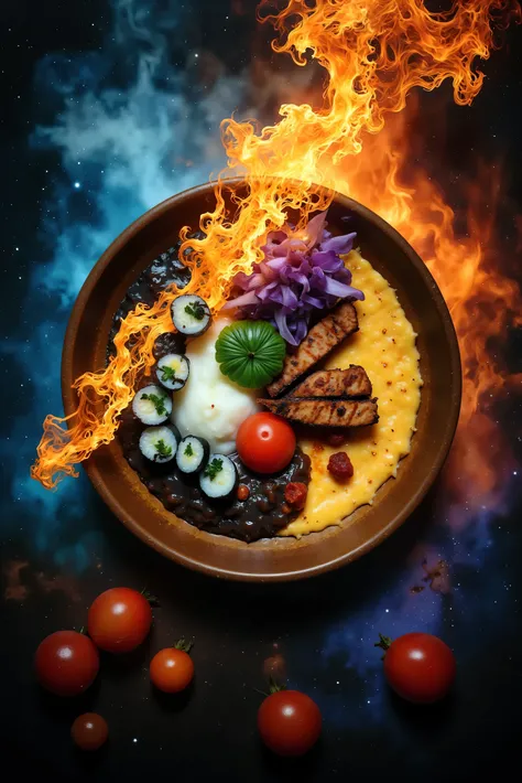 A hyper-realistic, close-up photograph of a fusion and eclectic gourmet dish, captured with a 50mm prime lens. The dish is bold, colorful, and dynamic, featuring a blend of culinary elements from different traditions. It includes vibrant sushi rolls, spicy...