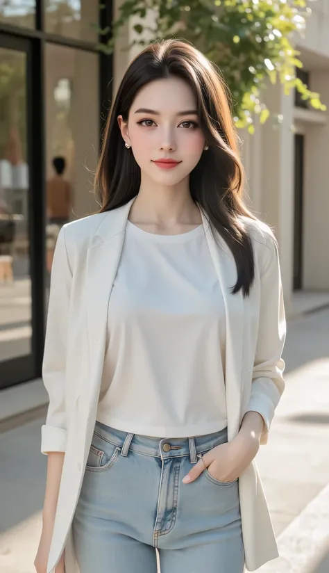 Portrait of a graceful 27-year-old Korean woman, adorned with long, elegant hair that exudes sophistication. She sports a pure white T-shirt paired with straight-leg jeans, topped off with a minimalist jacket, each piece perfectly tailored to hegure. Her e...