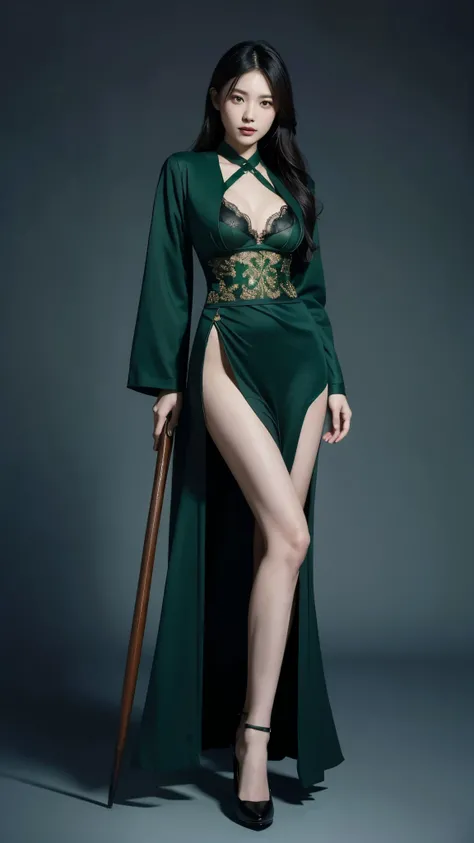 Two asian woman model wearing slytherin uniform from hogwarts, perfect body, medium breast