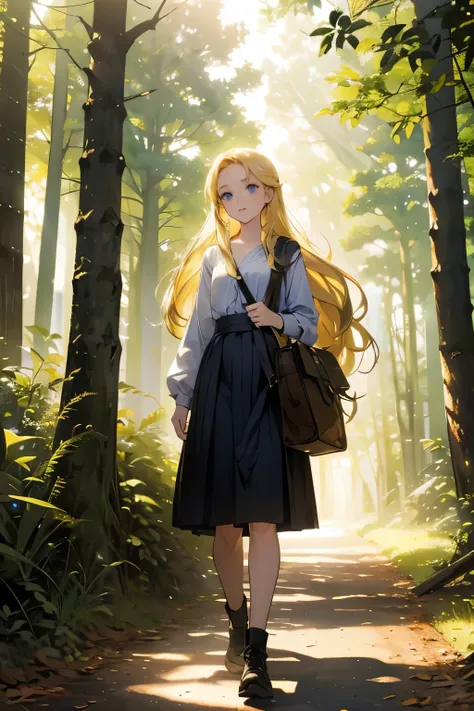 detailed face, detailed eyes,Mystical Forest: A full-body image of a 17-year-old anime-style blonde girl walking through a sunny forest. She has long blonde hair, blue eyes, and is wearing a knee-length black skirt and a black shawl with small golden decor...