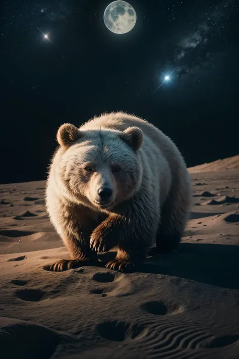 I want to create an image of a little bear on the moon sleeping and the stars shining and the bear swaying 