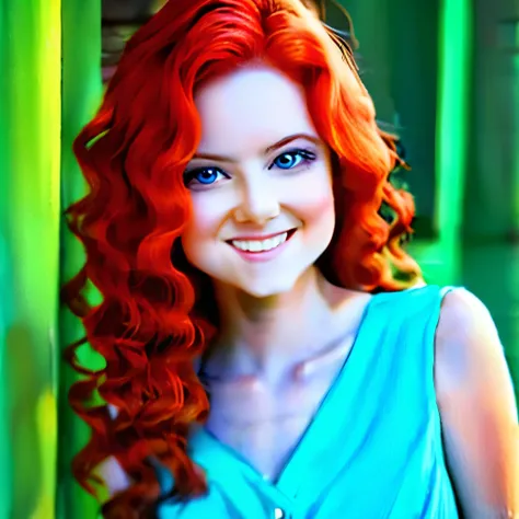 Red curly hair, woman, round bottom glasses, animated, smile, blue eyes, small neck, round face, High Resolution, blouse