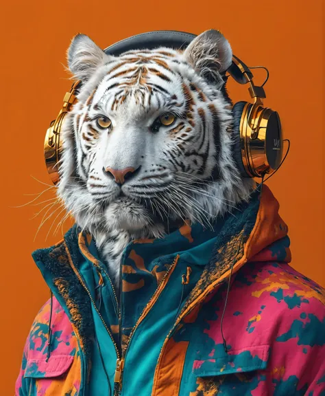 Stylish tiger listening to 4k HDR music