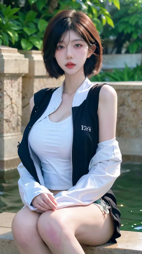 High quality，2k，Beautiful woman，Whole body：1.6，Slender white legs，（（Imagine：1.4）），In the sea of flowers，skinny slacks：1.6，Big Breasts：1.8，包裹Big breasts的短袖，Swimming pool background，Snow-white and clear skin，Cold and ruthless expression，Obvious vest line，Hav...