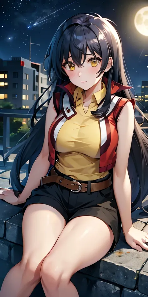 1 female,high definition,high resolution,ultra-realistic,8k, hmrei, long hair, black hair,yellow eyes,red jacket ,collared shirt...