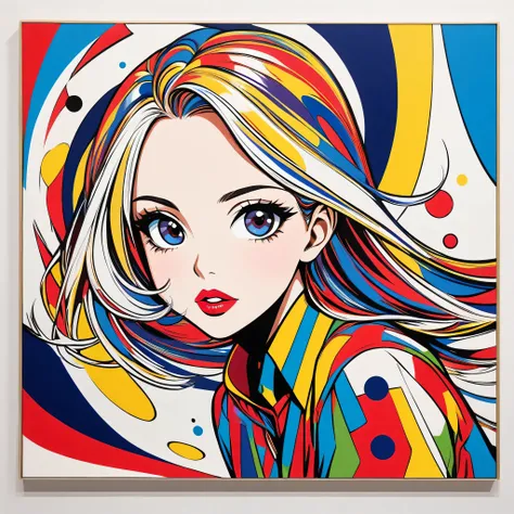 Ultra-realismRoy Lichtenstein colorful style, Simple Line Initialism，Abstract art，(((The most beautiful girl of all time))), Sweet face. Lips in love, stylish design, Dark Eyes, (((Holiday Room))), (((Cute amoeba)))