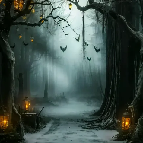 a close up of a forest with a lot of trees and lanterns, scary magical background, gothic fog ambience, beautiful with eerie vibes, spooky and scary atmosphere, halloween scene, spooky forest, in a spooky forest, eerie atmosphere, haunting atmosphere, cree...