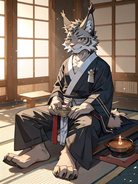 Furry, solo, Shota, lynx, masculine, gray fur, Looking straight ahead, detailed eyes, Age not more than 16 , Full body pictures,elegant demeanor, Japanese tea ceremony, sitting on the engawa