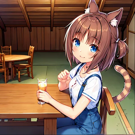  best quality、8k、Ultra-precision imaging 、One Girl、Brown Skin、blue eyes、Brown Hair、Cat ears and tail、Small breasts、white shirt with brown suspenders、 denim hot pants、 white sneakers 、Inside the bright shed 、smile、 wooden table and chairs 、 drinking juice 