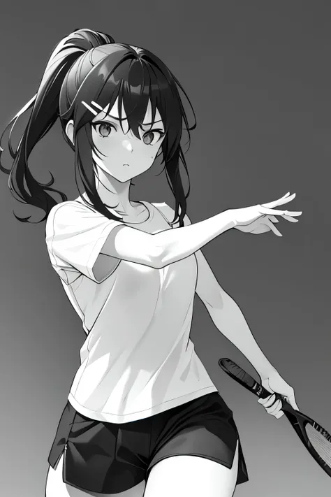 Grayscale anime illustration, Detailed manga-style art, Soft shading, Slice of life character moment, Modern light novel illustration, girl in mid-action, playing tennis on a bright day. She has short, wavy hair with small decorative hairpins, and is weari...