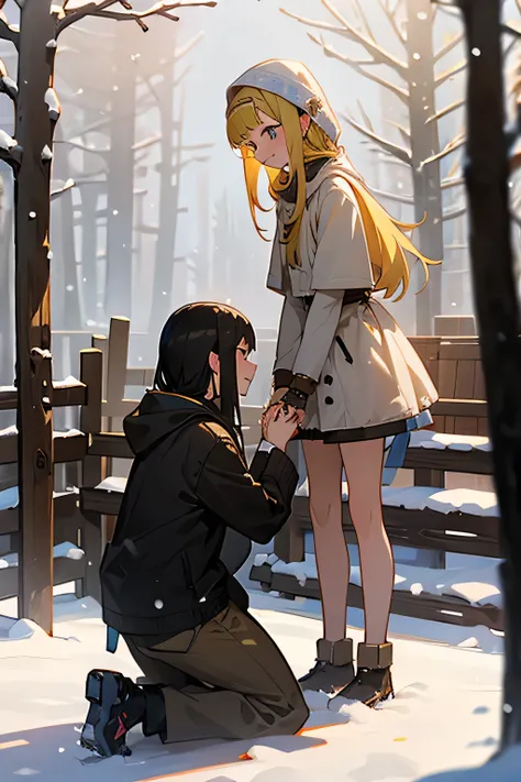 
2 girls.  Girl 1 kneeling with 1 knee with a ring, proposing to gir 2 " on wooden stage with a snow
