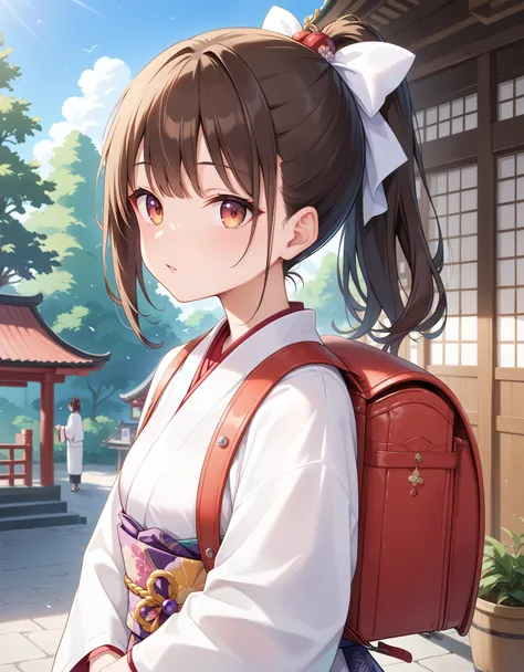 Masterpiecd, hd, Portrait, Best Quality, High resolution, 1girl, brown hair, ponytail, hair ornaments, hair ribbon, wearing randoseru backpack, red backpack , Wearing a Japanese kimono at a summer festival at a shrine, (kimono:1.1), outdoor, standing