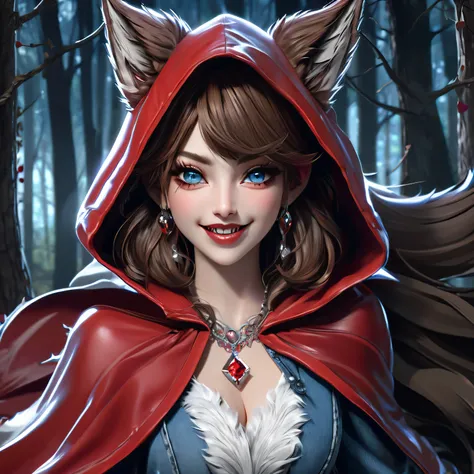 1 girl,  with a long hood with embroidery and jewelry , Alone,  short hair,  brown hair , breasts, big breasts, light blue jeans,  white litmus top , wolf ears,  Crystal earrings ,  Dark blue eyes shining , Cacheton face ,  open mouth, make-up, evil smile,...