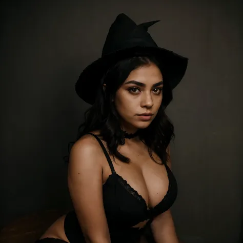 a side photo of one young goth latina sitting on a stool in a dark room; wearing black lingerie and a black pointed witch hat; big butt and big boobs, hourglass figure; brown skin; round face with dark almond shape eyes, dark makeup, thick eyebrows, and fr...