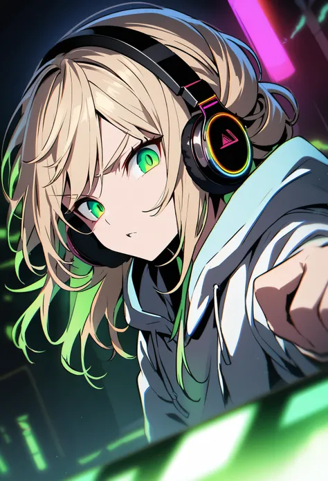 solo、Beige hair、Wavy hairstyle、 semi-long、Cat Eyes、Sharp Eye、Rinnegan、Deep green eyes、cool、Highly detailed man、1 person, 10th Generation、Alone,  hoodie,comical、 headphones RGB lighting、Attractive pose