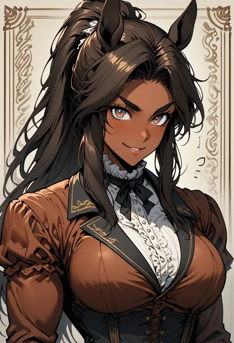 solo, close up, female, ((centaur girl)), tan skin, long hair, brown-black hair, ponytail, victorian era, coachman, large breast...