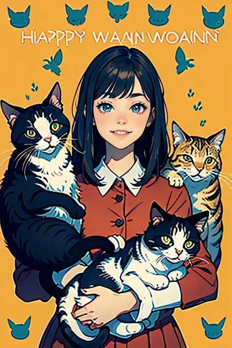  happy woman surrounded by cats, smile, Lots of cats with various patterns ,