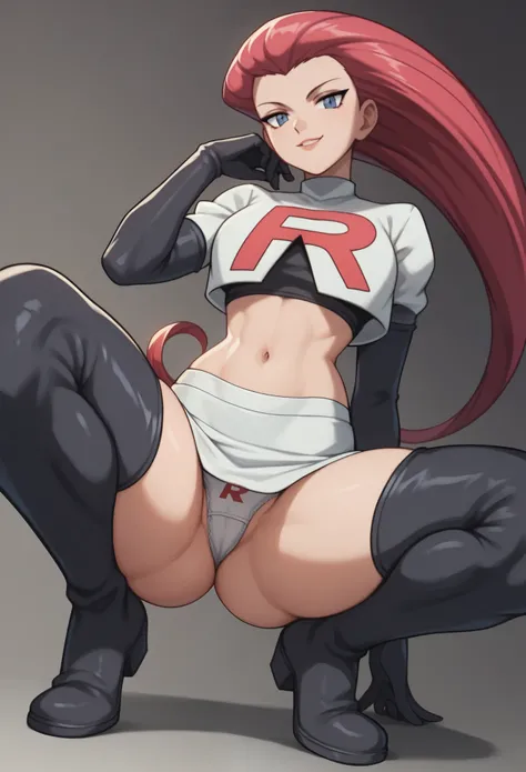 team rocket uniform, jacket, white jacket, black crop top, elbow gloves, black gloves, navel, midriff, miniskirt, white skirt, black thighhighs, thigh boots, (thick thighs), looking at viewer, seductive smile, aroused, ((big ass)), (panties), boobs, squatt...