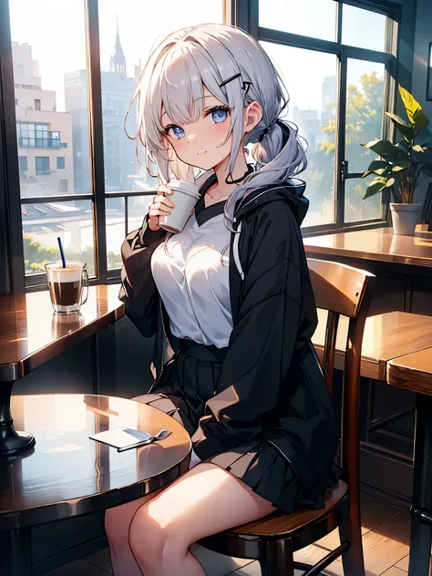 one girl, curly ponytail, smile, blue eyes, view drinks ,wear a hoodie, (cafe）, (（morning）), masterpiece, 8k,  perfect lighting,...